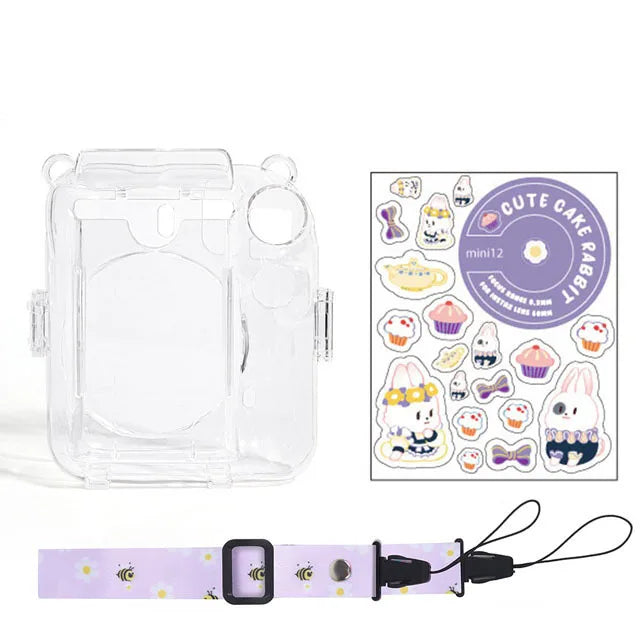 For Fujifilm Instax Mini 12 PC Transparent Camera Case Protection Cover Shoulder Strap Storage Bag Strap Sticker Three-Piece Set