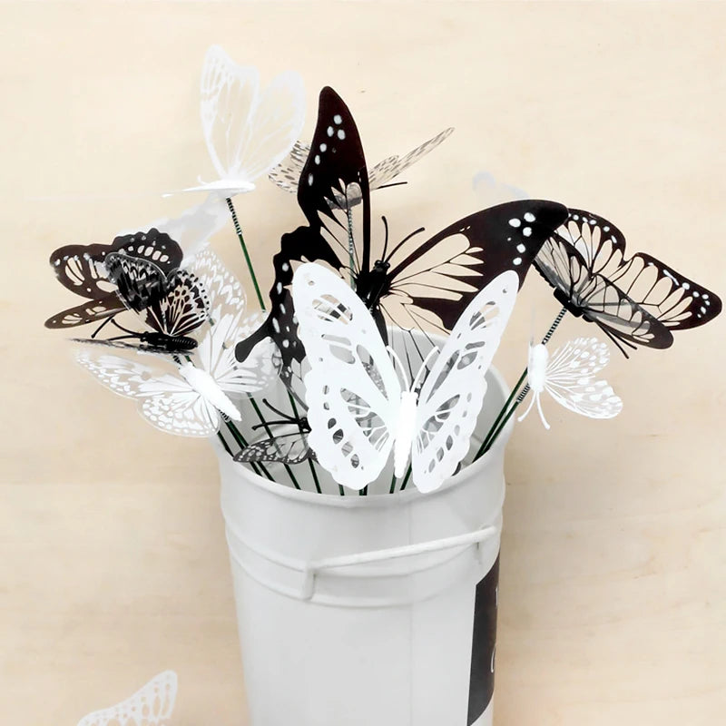 12pcs 3D Butterfly Wall Stickers Black White Color Wallpaper Butterfly Insert Rod Bedroom Home Wedding Decor bouquetSupply