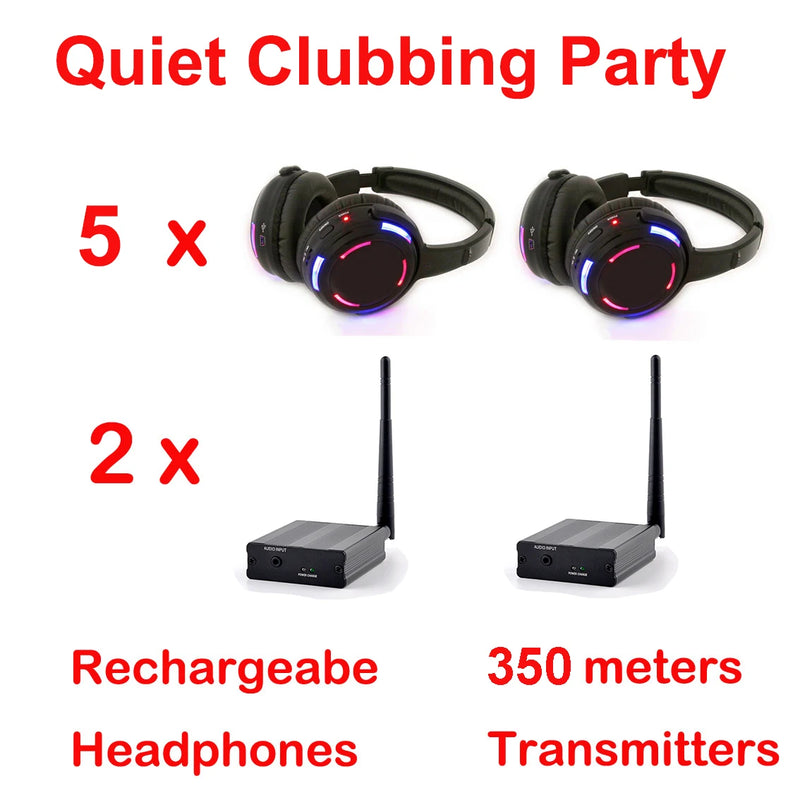 UHF RF Silent Disco Headphones Wireless DJ Headset 5 Pcs and 1 Transmitter 500m Distance