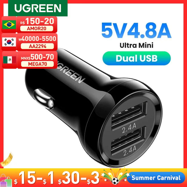 Ugreen Mini USB Car Charger For Mobile Phone Tablet GPS 4.8A Fast Charger Car-Charger Dual USB Car Phone Charger Adapter in Car