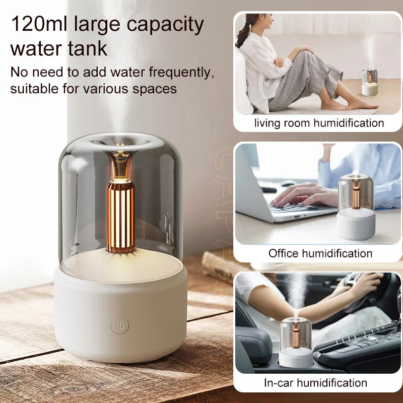 Portable 120ml Air Humidifier Candlelight Aroma Diffuser Home Mist Maker Fogger Essential Oil Difusor With Night Light Purifier