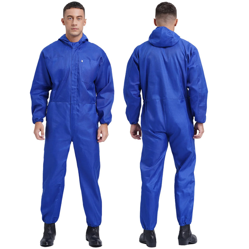 Mens Dustproof Coverall Hooded Long Sleeve Jumpsuit Overalls Zipper Front Big Pockets Durable Workshop Workwear Mechanic Uniform