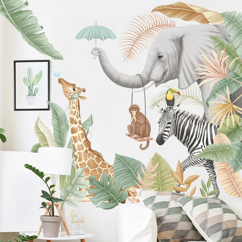 Jungle Animals Wall Stickers for Children Kids Rooms Boys Room Bedroom Decoration Large Safari Elephant Giraffe Zebra Wallpaper