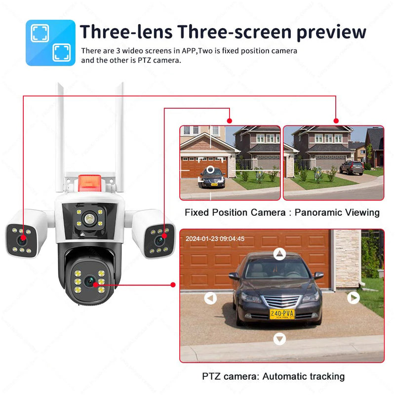 6K 12MP WiFi IP Camera Outdoor Three lens Panoramic View PTZ IP Camera AI Tracking Security Protection CCTV Video Surveillance