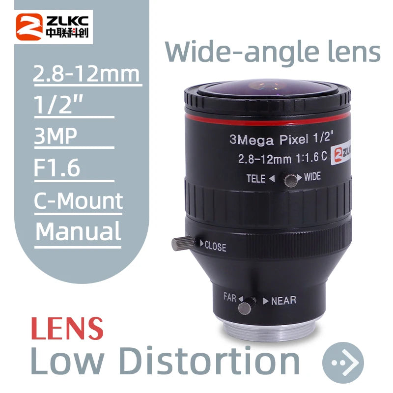 ZLKC 2.8-12mm Wide-Angle Zoom Lens C Mount 1/2 Inch 3MP Low Distortion F1.6 CCTV 4K Camera Lens Varifocal