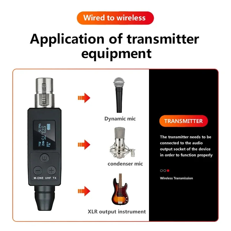 UHF Wireless Microphone Converter XLR Transmitter and Receiver for Dynamic Microphone Guitar Receiver Transmission Adapter