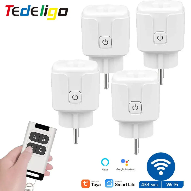 Tuya WiFi and Rf Smart Plug Socket with Power Monitor,Wireless Remote Control Socket Switch AC 220V 3000W EU for Alexa Google