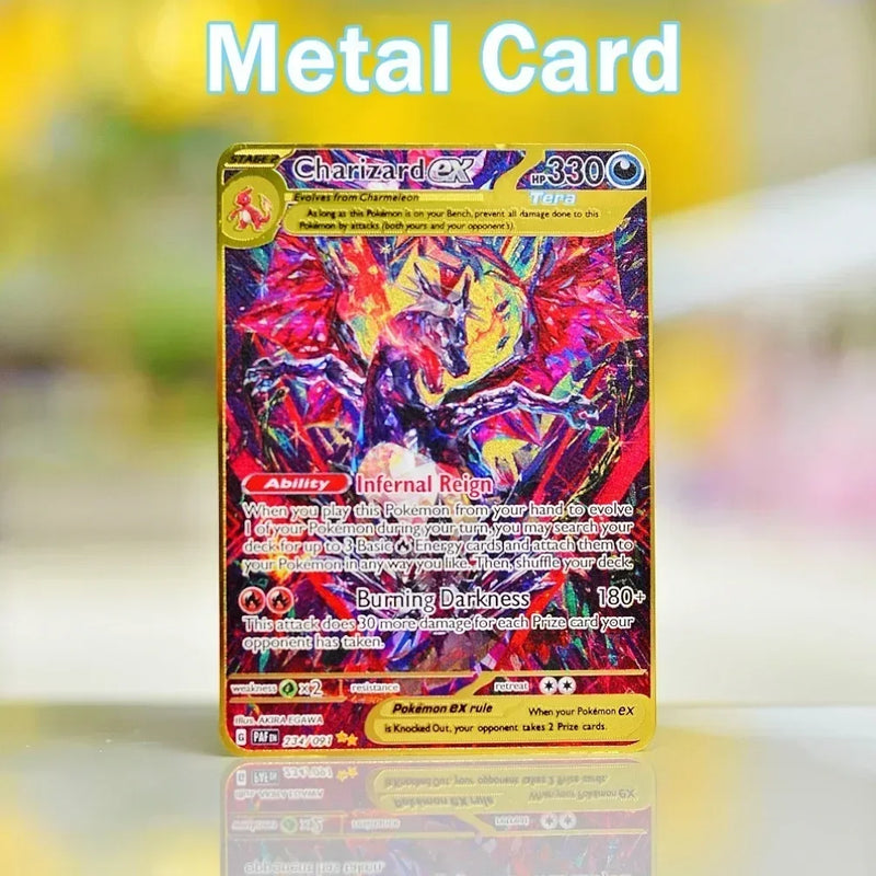 Pokemon Card Metal Pokemon Letters Gold Iron Playing Cards Gengar Vmax Rayquaza Charizard Pikachu Vstar Anime Game Gift Kid Toys