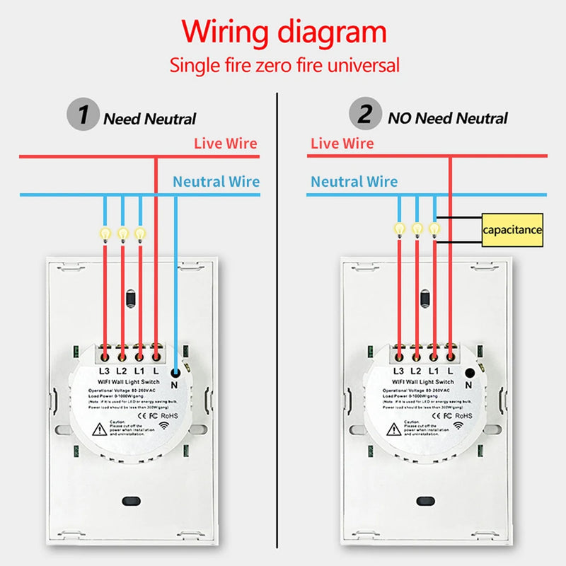 Tuya WiFi Smart Light Switch RF433 No Neutral Wire Required Wall Touch Sensor Switch Voice Control Work with Alexa Google Home