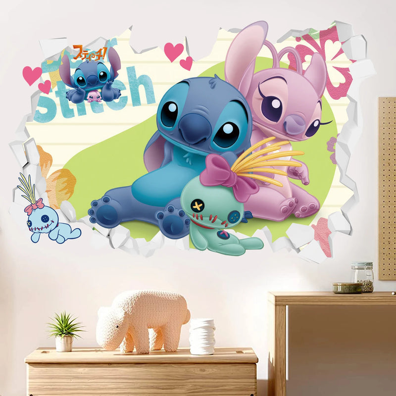 3D Broken Wall Lilo & Stitch Wall Stickers For Kid's Room Kindergarten Living Room Bedroom Wall Decoration Animated Poster