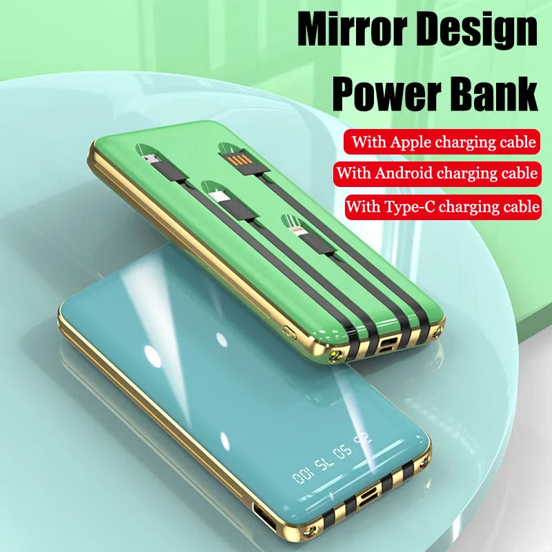 Ultra Thin Phone Power Bank with 4charging Cables Portable Mini Digital Display Power Banks 10000mAh Luxury Mirror Design Banks