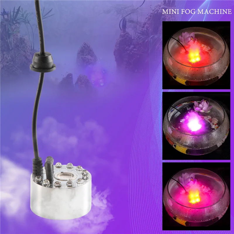 Mini Mist Maker, 12 LED Mister Fogger Water Fountain Pond Fog Machine Atomizer Air Humidifier for Halloween, Christmas