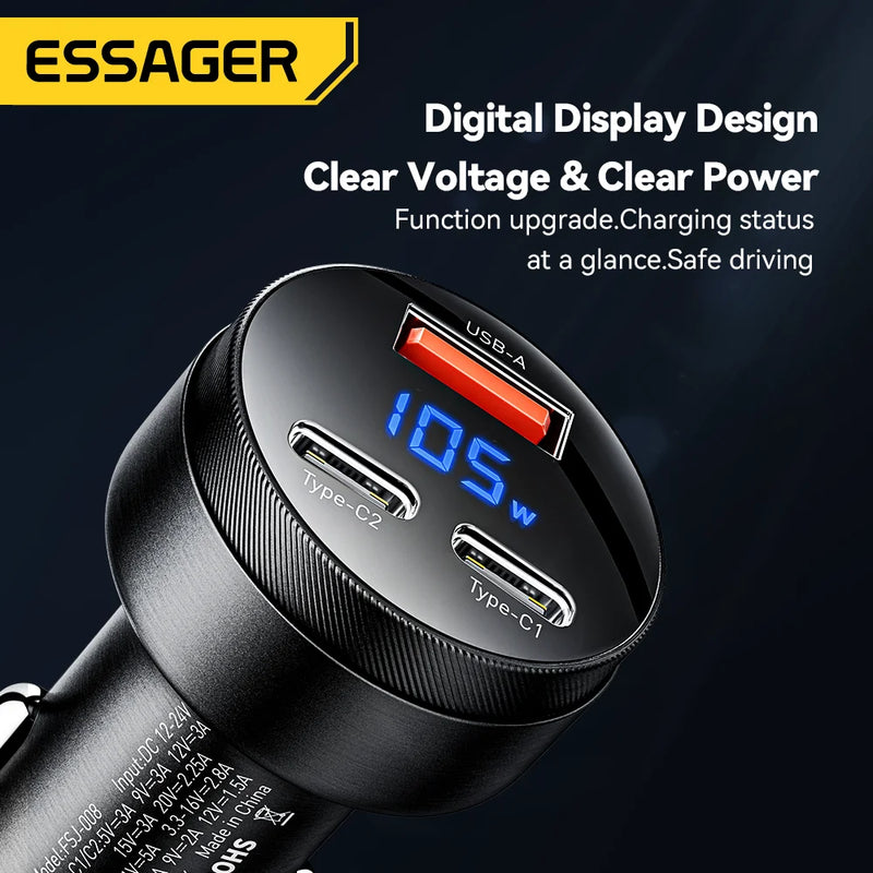 Essager USB C Car Charger 105W Quick Charge PD3.0 QC4.0 3.0 SCP PPS USB Type C  Fast Charging For iPhone 15 14 13 Samsung Xiaomi