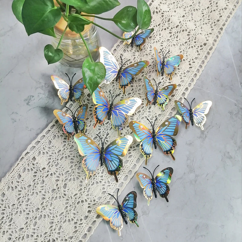 12PCS 3D Blue Butterfly Metallic Removable Mural Wall Stickers for Home Room Bedroom Decoration Nursery Classroom Party Decora