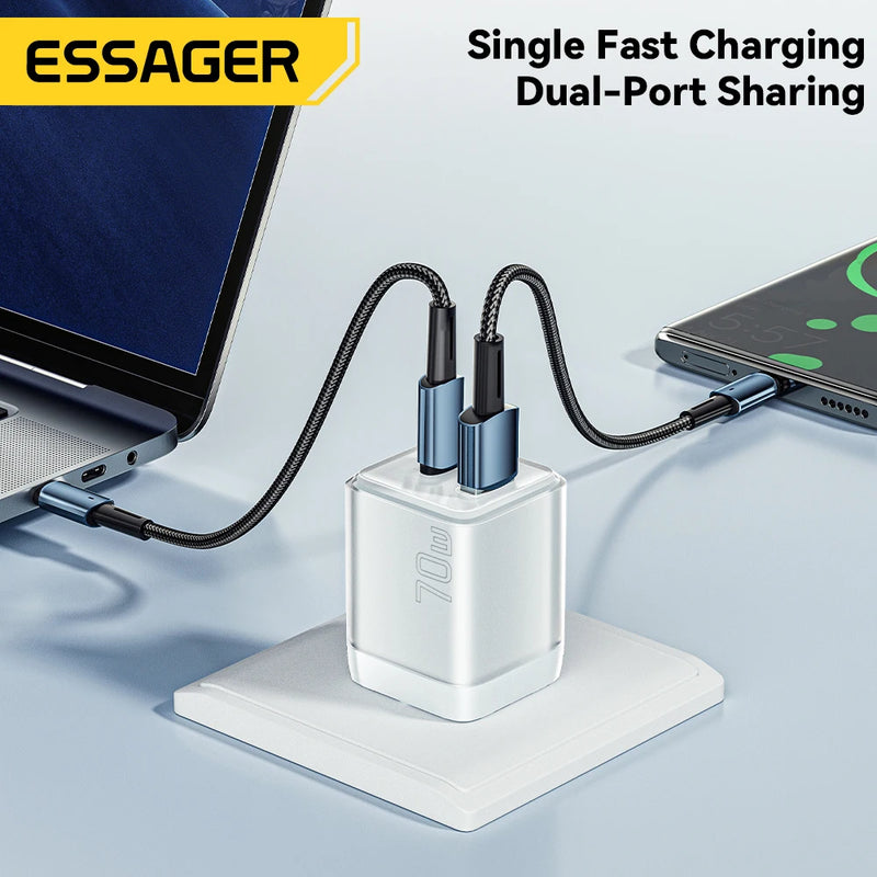 Essager 70W GaN USB Charger PD3.0 Fast Charging QC3.0 Type C Charger For iPhone 16 15 14 13 12 11Samsung  Huawei Xiaomi Macbook