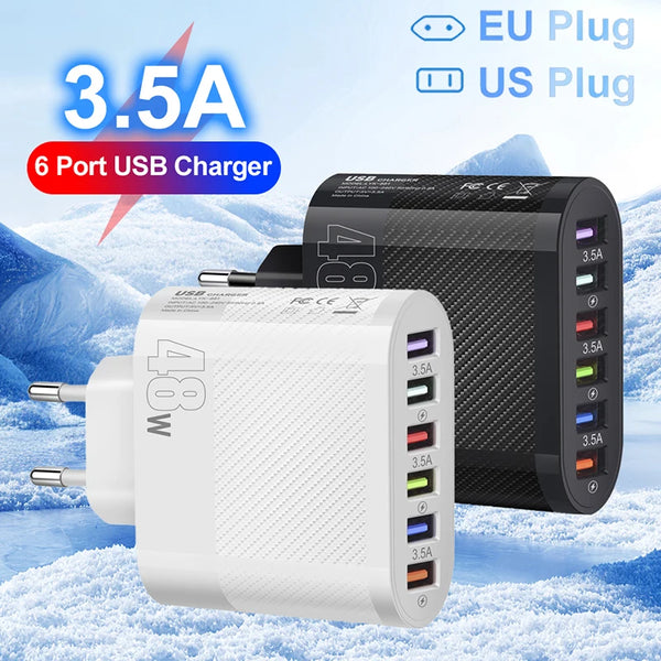 48W 6 In 1 USB Europe Plug QC 3.0 Mobile Phone Super Fast Charger EU US Plug Adapter 6 Port For iPhone Samsung Xiaomi Huawei