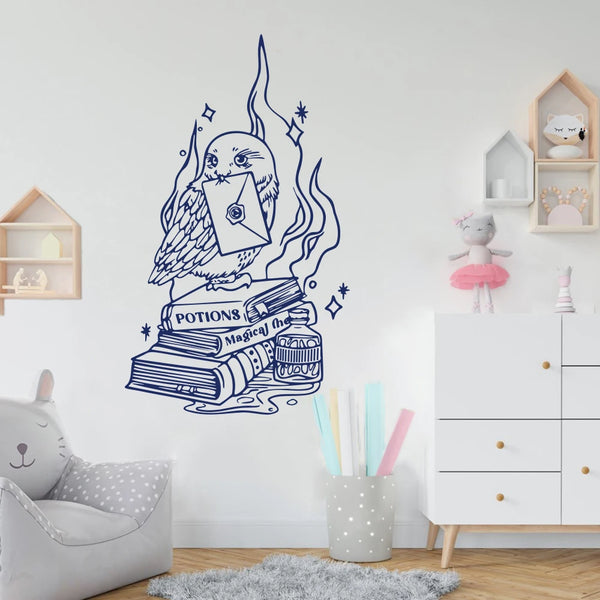 Magic Owl with Reading Book Wall Sticker Decal Cartoon Bird Anime Manga Movie Inspiral Kids Room Bedroom Playroom