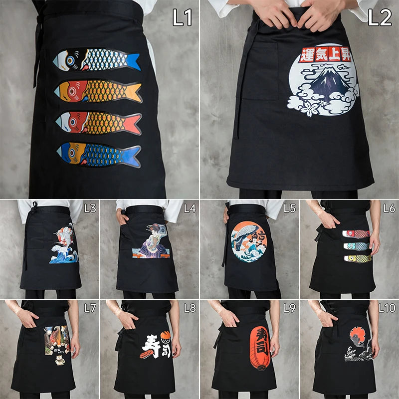 Japanese Cuisine Restaurant Sushi Shop Apron Korean Ramen Barbecue Short Apron Koi Lucky Cat Printed Chef Work Uniform Apron