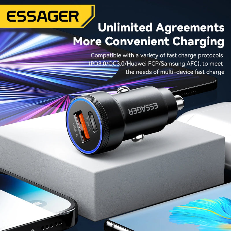 Essager 54W USB Car Charger 5A Fast Charing QC 3.0 PD 3.0 SCP AFC USB Type C Car Phone Chargers For iPhone Huawei Samsung Xiaomi