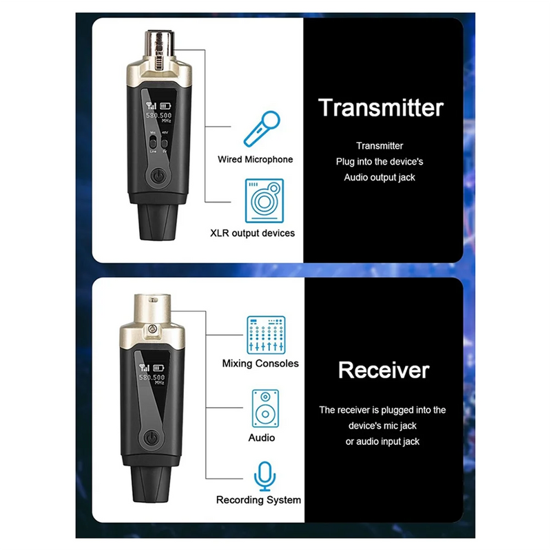 Wireless Microphone System XLR Mic Converter Adapter UHF Automatic Transmitter Setup for Condenser Dynamic Mic