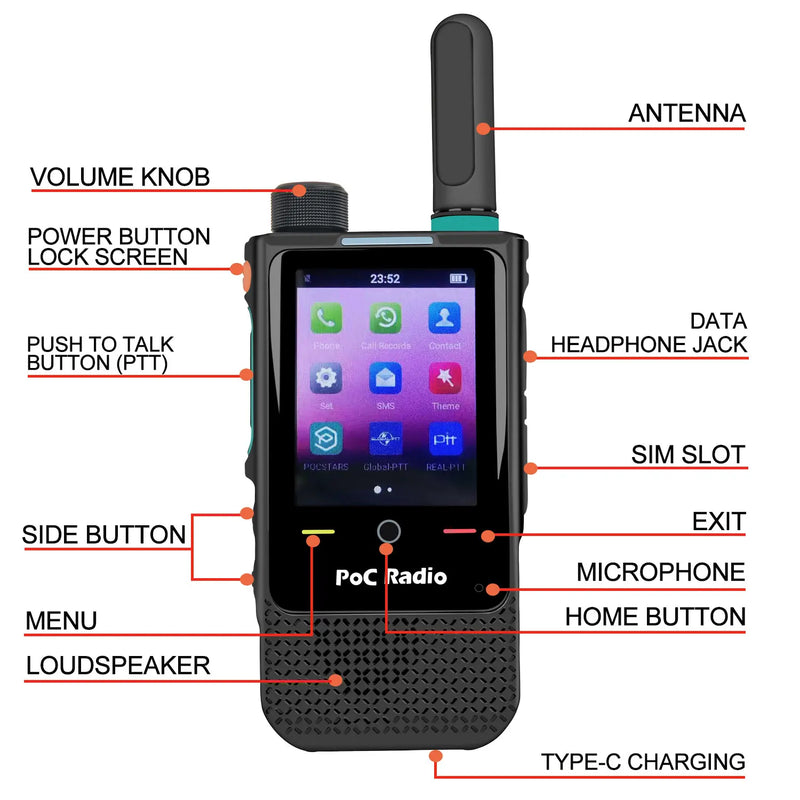 Zello Walkie Talkie HIROYASU HI-B5Pro 4G Lte PoC Radio Zello Real-PTT Global-PTT Pocstars Touch Screen 4000mAh USB-C Battery