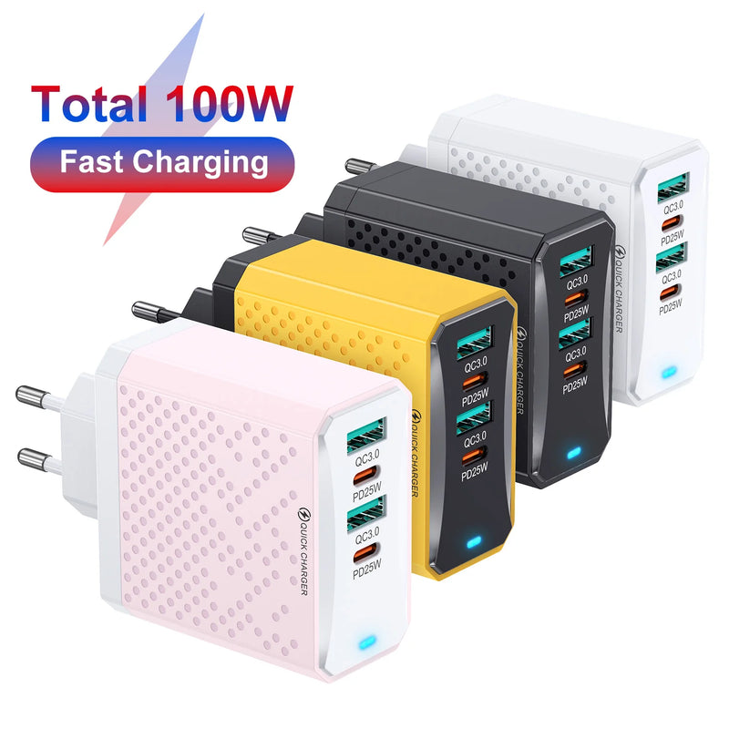 Total 100W 4 Port USB QC3.0 AU Plug UK Plug PD Charger Type C USB Mobile Phones Charger Adapter For iPhone Samsung Huawei Xiaomi