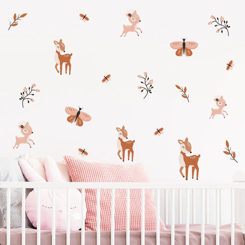 Boho Cute Sika Deer Butterfly Branches Watercolor Nursery Wall Decals Gifts Kids Room Girls Bedroom Sticker Removable Home Decor