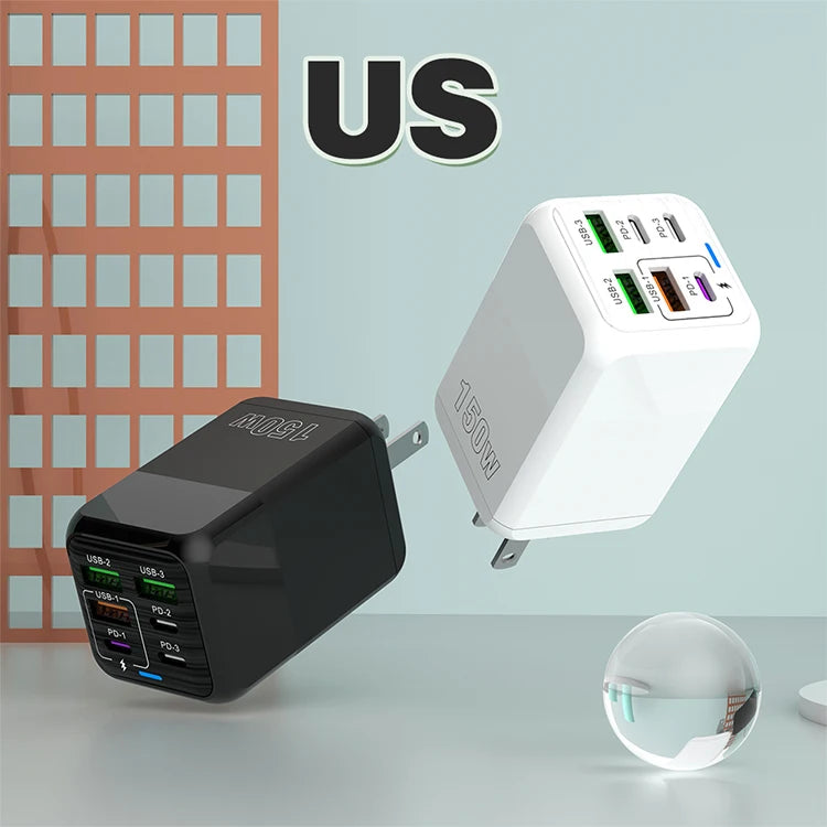 US/EU/UK 6 Port Mobile Phone Charger Fast Charging Adapter 150W 3 USB 3 PD Wall Fast Charger for Samsung Iphone