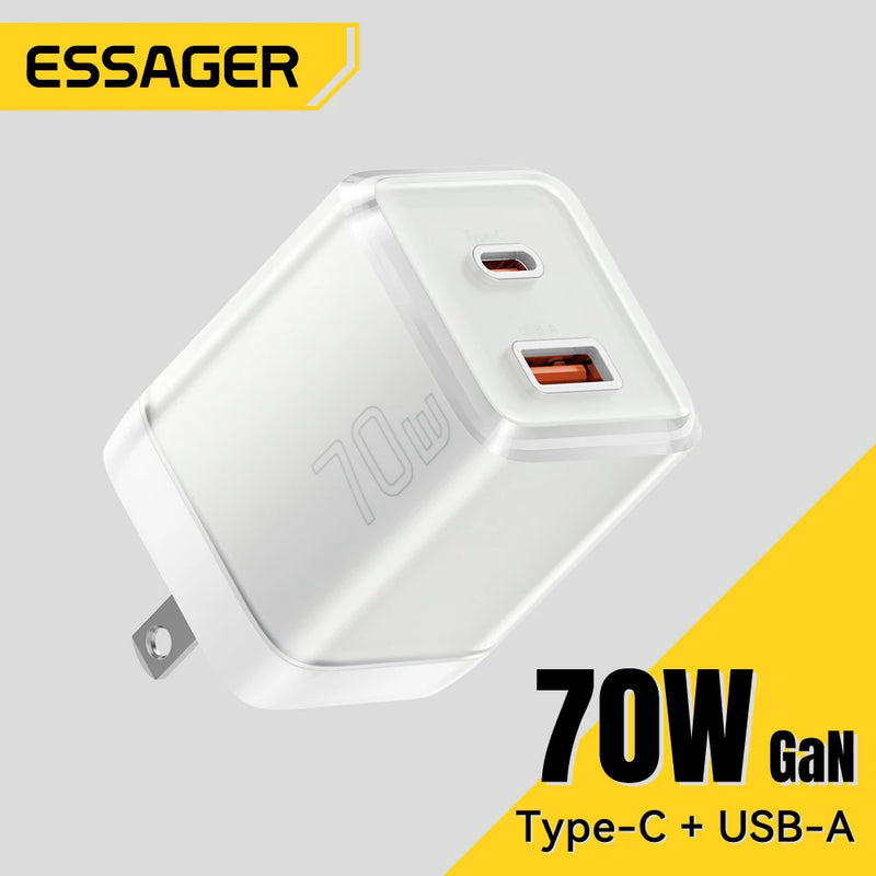 Essager 70W GaN USB Charger PD3.0 Fast Charging QC3.0 Type C Charger For iPhone 16 15 14 13 12 11Samsung  Huawei Xiaomi Macbook