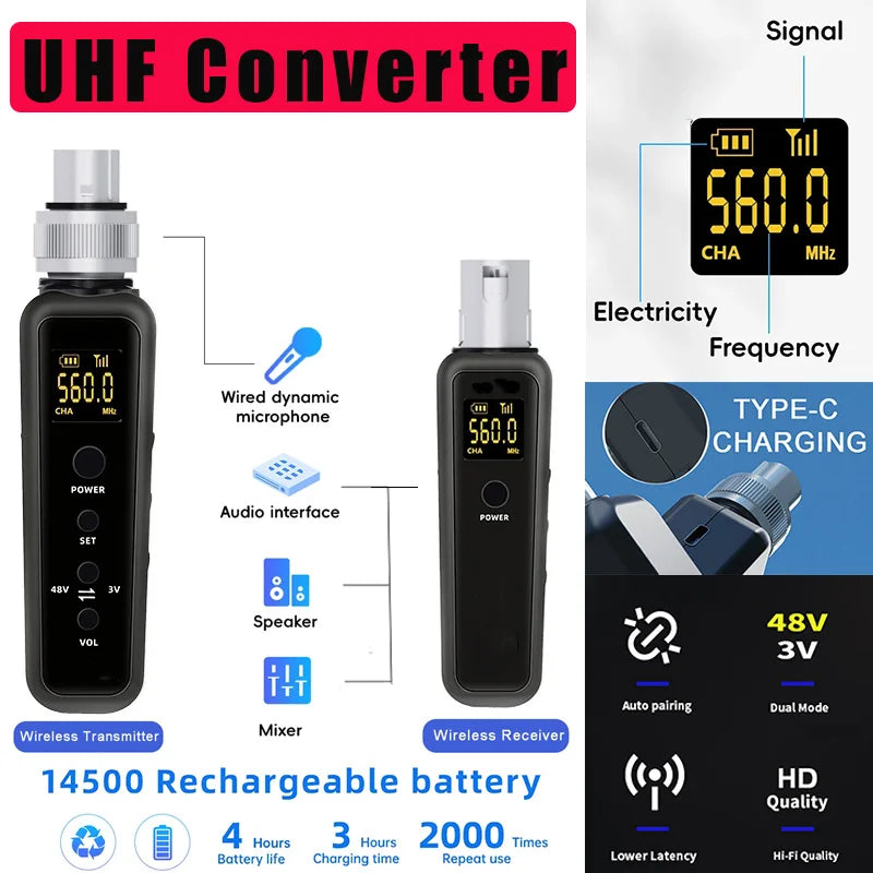 UHF Wireless Microphone Converter XLR Micro Phone Transmitter+Receiver for Dynamic Microphones,Audio Mixer,PA System Converters