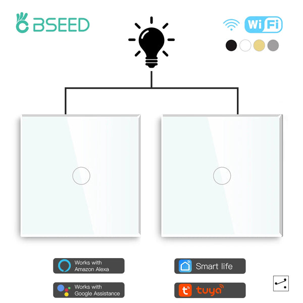 BSEED Tuya Wifi  Switches 1Gang 2 Way Smart Touch Switches Tuya Google Smart Life Alexa App Wireless Control Glass Panel2Pack