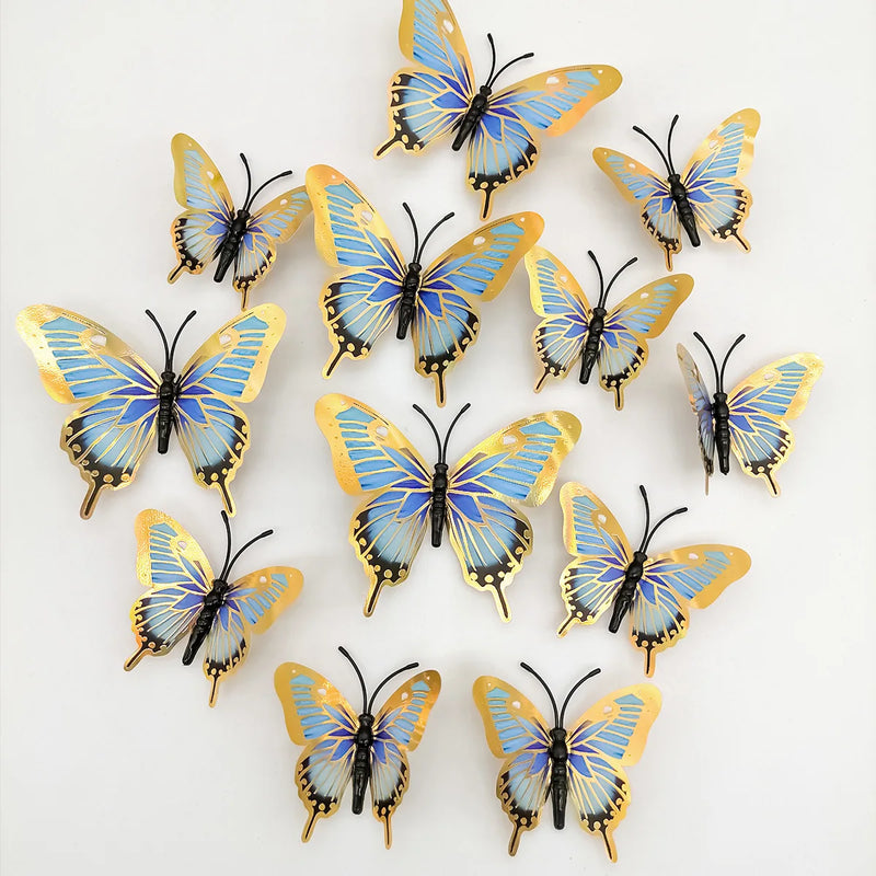 12PCS 3D Blue Butterfly Metallic Removable Mural Wall Stickers for Home Room Bedroom Decoration Nursery Classroom Party Decora