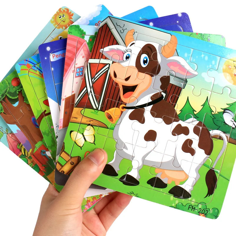 New 20 Piece Montessori 3d Puzzle Cartoon Animal Vehicle Jigsaw Wood Puzzle Game Early Learning Educational Toys for Children