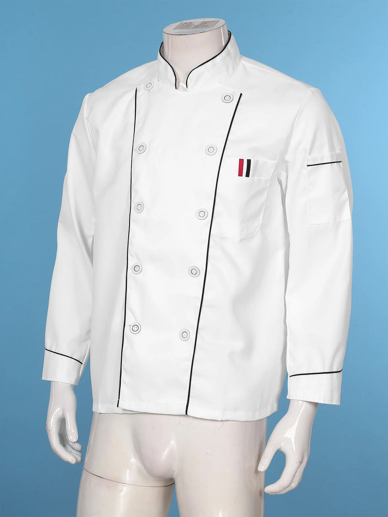 Stand Collar Button Down Chef Jacket Uniform White Hotel Restaurant Kitchen Bakery Contrast Color Trim Cook Jacket Mens Womens