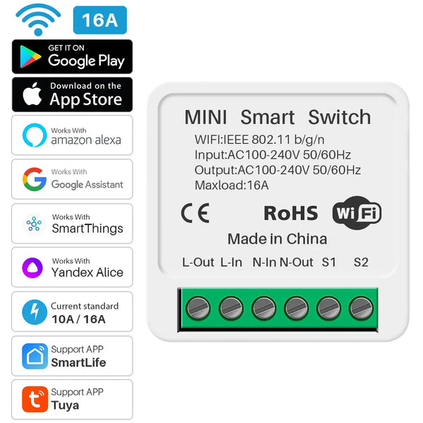 16A Tuya Wifi Switch Mini Smart 2-Way DIY Switches Timer Module Smart Life App Works With Alexa Google Home Yandex Alice