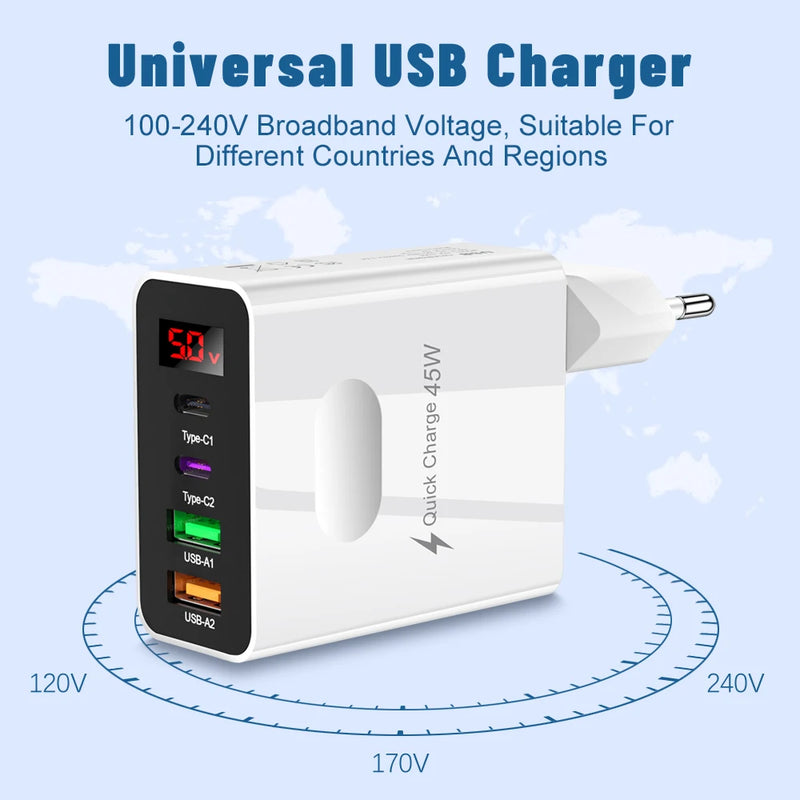 45W Digital Display Charger 4 Ports Fast Charging QC3.0 For iPhone Pro Max Samsung Xiaomi Huawei EU/US/UK Plug Travel Charger