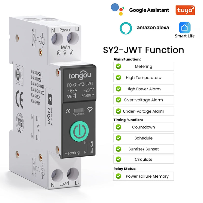 TUYA WIFI Smart Circuit Breaker With Metering 1P 50A 63A DIN Rail for Smart Home  wireless Remote Control Switch by APP TONGOU