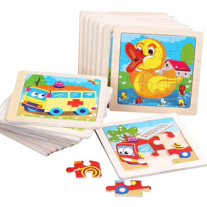 Baby Wooden Toys 11x11cm Jigsaw 3d Puzzle Cartoon Animal Traffic Wooden Puzzle Game Montessori Educational Toys For Children