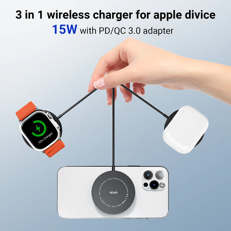 KPON 3 in 1 Magnetic Wireless Charger For Apple Watch Series 9/8/7/6 Fast Charging Pad  For iPhone 15/14/13 Pro/Magsafe charger