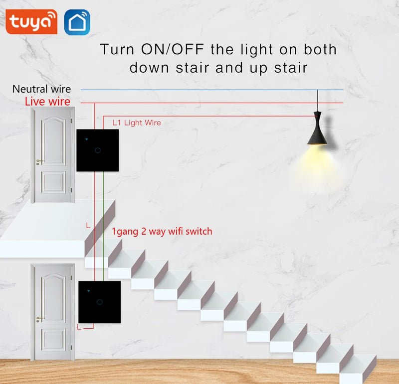 UBARO EU Tuya Wifi Stair Touch Switch Glass Panel Multi Sensor Button Alexa Voice Control Smart House Cross Switch  1 Gang 2 Way