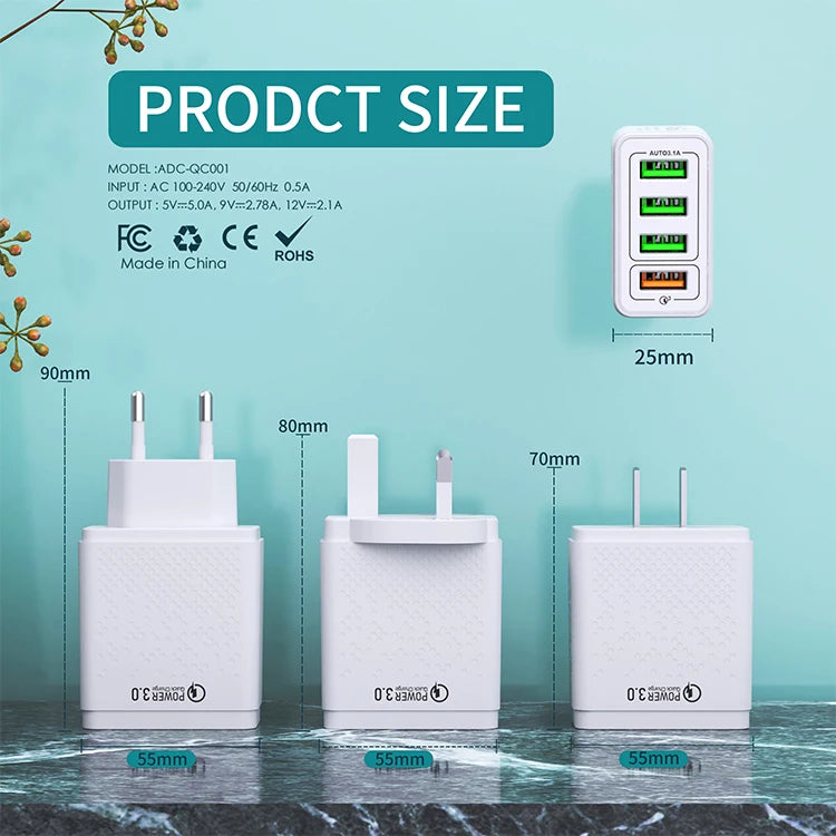 US/EU/UK 4 Port Mobile Phone USB Wall Charger Fast Charging Adapter 4 in 1 QC3.0 Fast Charger for IPhone Cell Phone