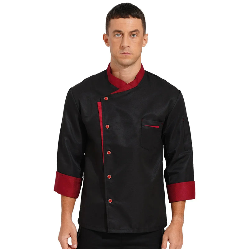 Men Shirt Chef Food With Sleeve Coat Hotel Cooking Color Unisex Kitchen Cosplay Work Long Jacket Hat Contrast Uniform Restaurant