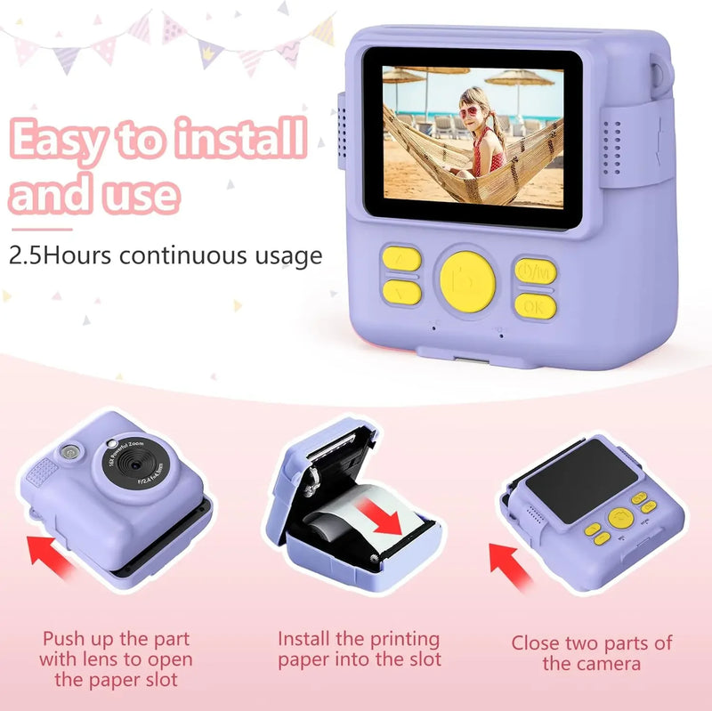 Instant Print Camera for Kids,1080P HD Digital Video Cameras for Toddler，Christmas Birthday Gifts for Age 3-12 Girls Boys，