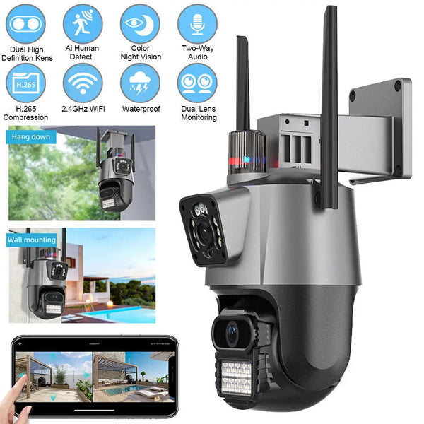 10X Zoom 8MP 4K WiFi IP Outdoor Camera Rainproof Dual Lens CCTV Home Security PTZ IR Cam 360 Degrees Panoramic Surveillance