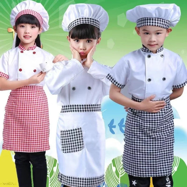 Kids Cook Tshirt Chef Uniform Children Kitchen Hat Cap Work Jackets Restaurant Halloween Performance Stage Party Cosplay Costume