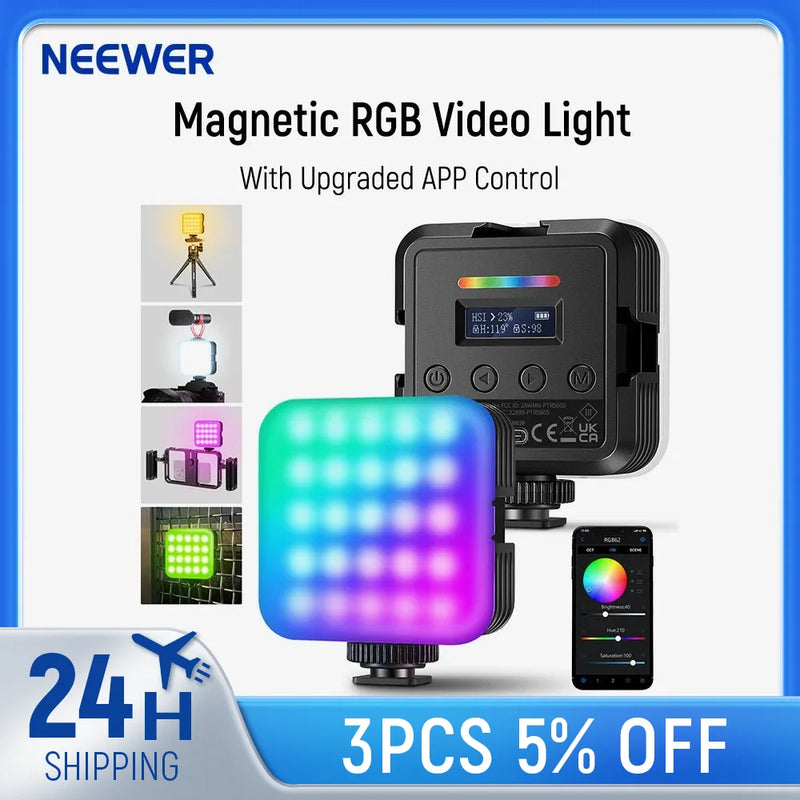 NEEWER RGB62 Magnetic RGB Video Light with  APP Control 360° Full Color LED Camera Light with 3 Cold Shoes Photography Lighting