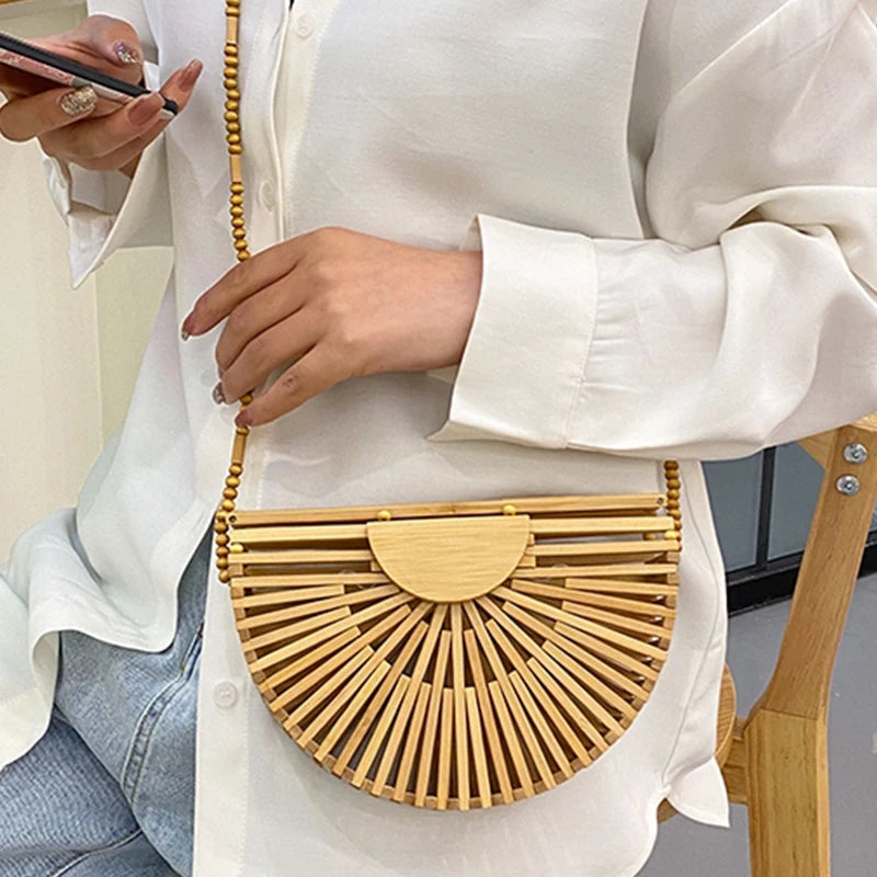 2023 summer Luxury handbag for women shoulder bag semicircle bamboo woven beach bag Mobile Phone Wallet