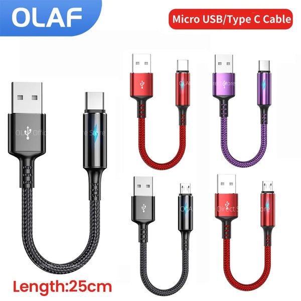 Olaf 25cm Short USB Type C Cable Fast Charging Type C /Micro USB Charge Cable For Power Bank Mobile Phone Portable USB C Cable