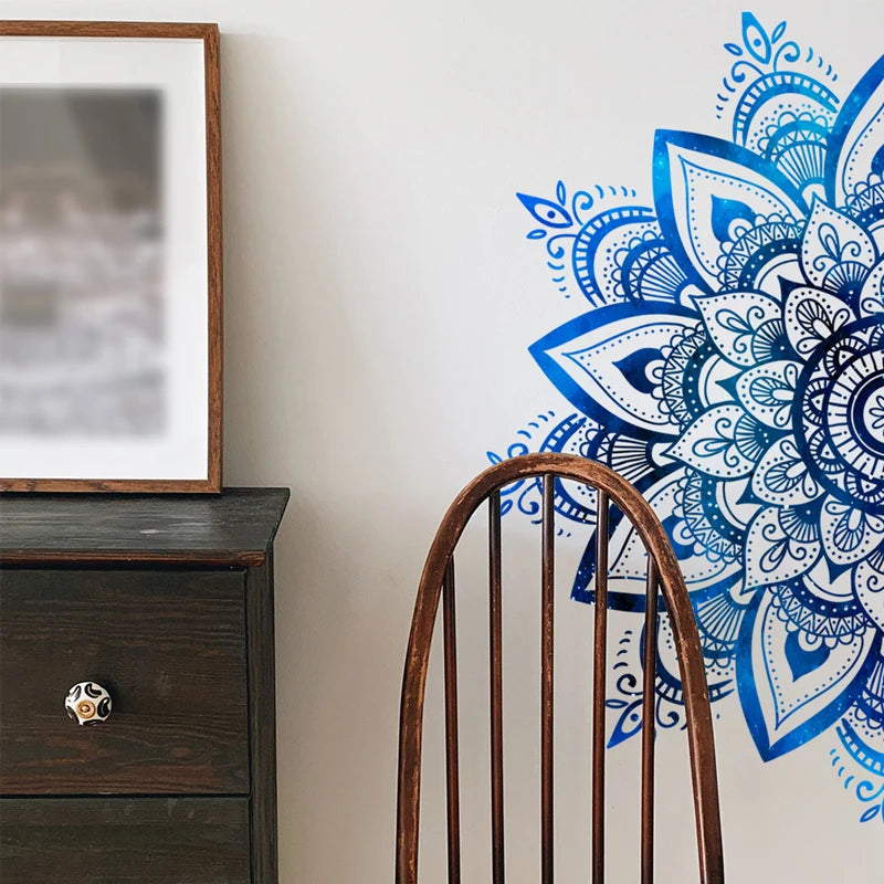 New Blue Mandala Flower Wall Sticker Living Room Bedroom Self-adhesive Removable PVC Decorative Wallpaper For Wall Waterproof