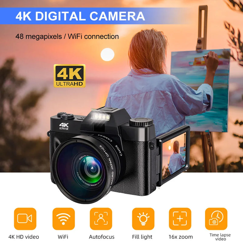 48MP Digital Camera 16X Digital Zoom 4K WIFI Retro Vlog Recorder YouTube 3 "Flip Screen Compact Digital  Photography Cameras